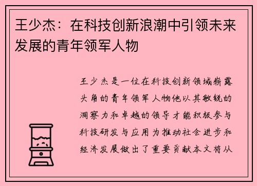 王少杰：在科技创新浪潮中引领未来发展的青年领军人物