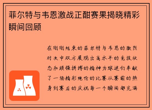 菲尔特与韦恩激战正酣赛果揭晓精彩瞬间回顾
