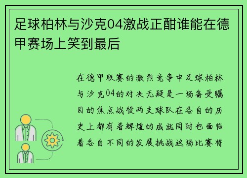 足球柏林与沙克04激战正酣谁能在德甲赛场上笑到最后