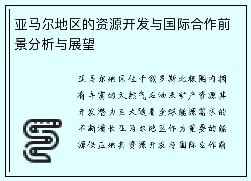 亚马尔地区的资源开发与国际合作前景分析与展望
