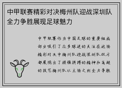 中甲联赛精彩对决梅州队迎战深圳队全力争胜展现足球魅力