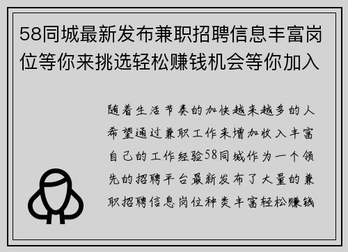 58同城最新发布兼职招聘信息丰富岗位等你来挑选轻松赚钱机会等你加入