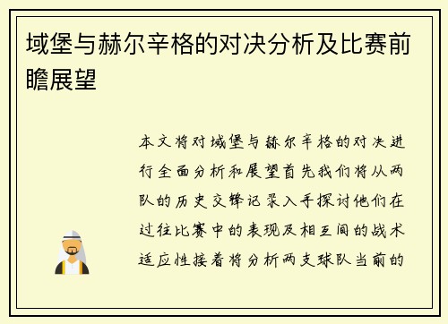 域堡与赫尔辛格的对决分析及比赛前瞻展望