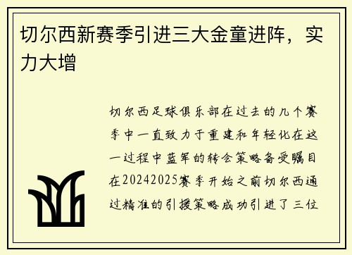 切尔西新赛季引进三大金童进阵，实力大增