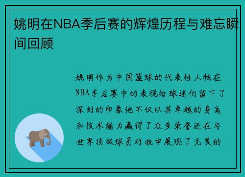 姚明在NBA季后赛的辉煌历程与难忘瞬间回顾