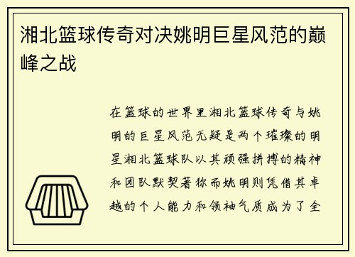 湘北篮球传奇对决姚明巨星风范的巅峰之战