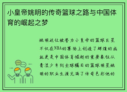 小皇帝姚明的传奇篮球之路与中国体育的崛起之梦