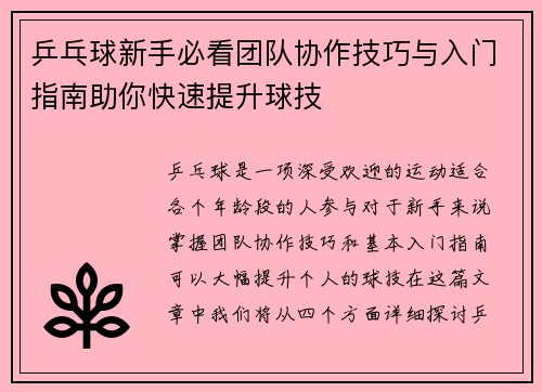乒乓球新手必看团队协作技巧与入门指南助你快速提升球技