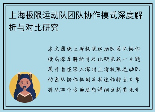 上海极限运动队团队协作模式深度解析与对比研究