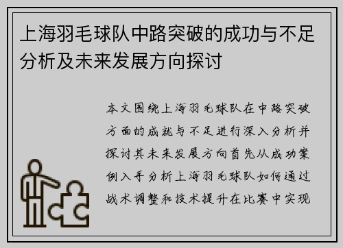 上海羽毛球队中路突破的成功与不足分析及未来发展方向探讨