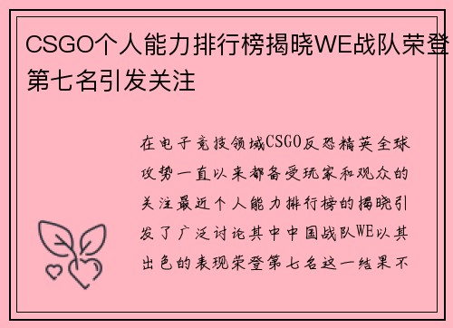 CSGO个人能力排行榜揭晓WE战队荣登第七名引发关注