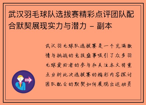 武汉羽毛球队选拔赛精彩点评团队配合默契展现实力与潜力 - 副本